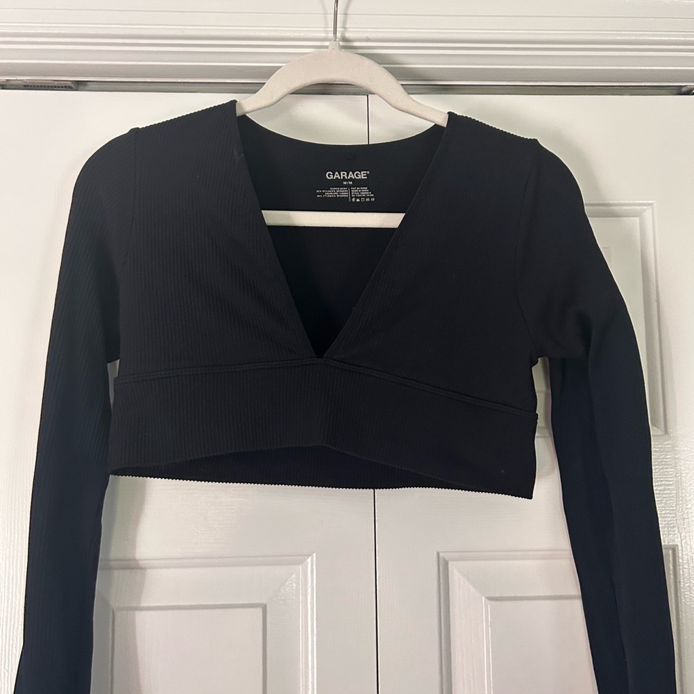 Garage Black Ribbed Long Sleeve V-Neck Crop Top